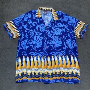 Corona Extra Hawaiian Shirt Mens 2XL‎ Blue Tribal Floral Short Sleeve Camp Beer
